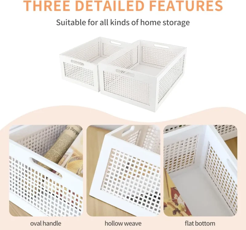 White Woven Rattan Storage Baskets with Handles for Desk and Drawer Organization (Set of 2) - Image 4