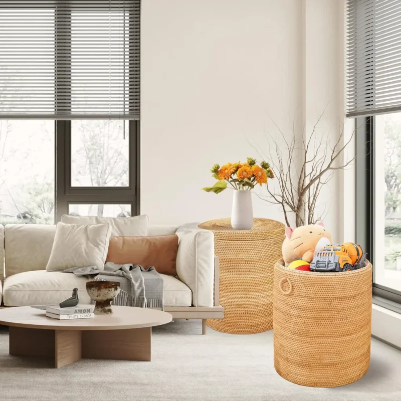 Large Round Rattan Laundry Basket With Liner Bag and Handle for Bathroom Organization - Image 3