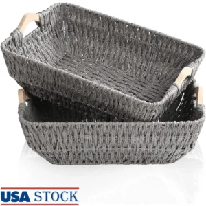 Handcrafted Natural Paper Rope Storage Baskets with Wooden Handles for Home Organization Set of 2