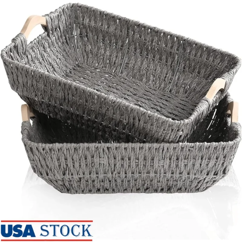 Handcrafted Natural Paper Rope Storage Baskets with Wooden Handles for Home Organization Set of 2