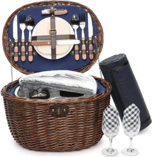 Handcrafted Natural Willow Picnic Basket for 2 Persons with Insulated Cooler Bag and Service Set