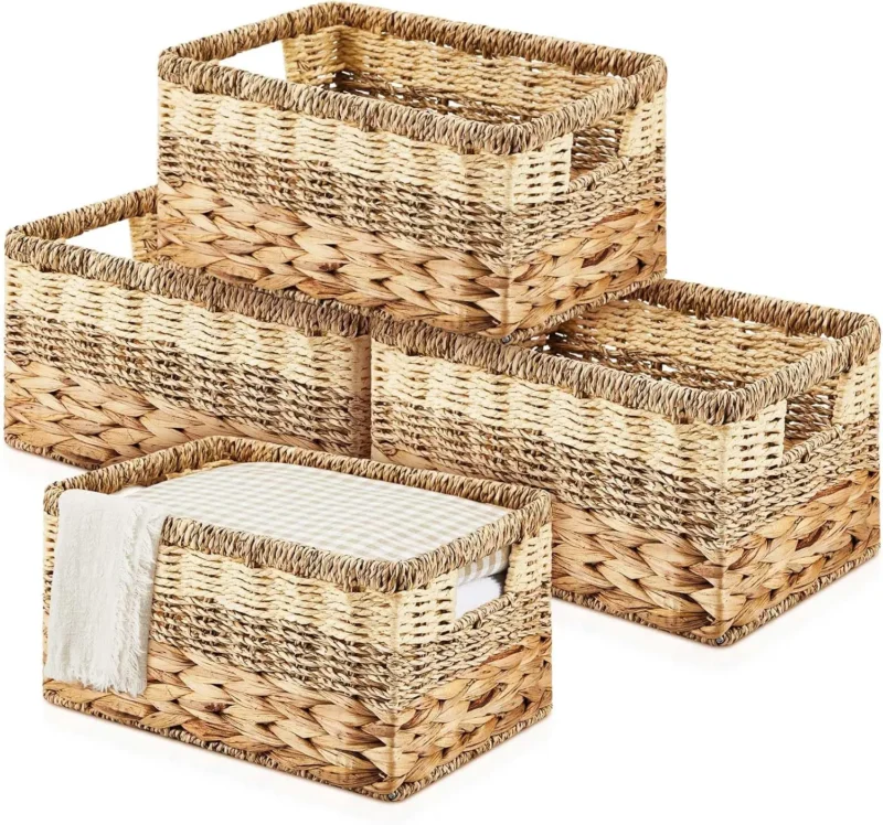 Handcrafted Natural Water Hyacinth Seagrass Storage Baskets with Square Design for Home Organization - Image 7