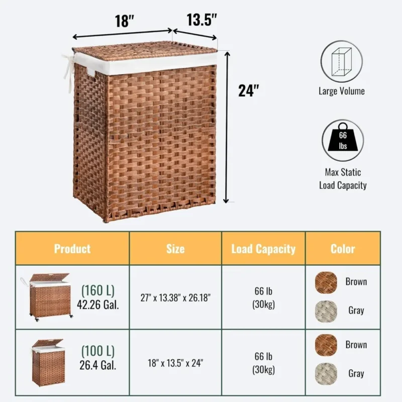Large Wicker Laundry Hamper with Lid and Removable Liner Bag for Bathroom and Bedroom Storage - Image 5