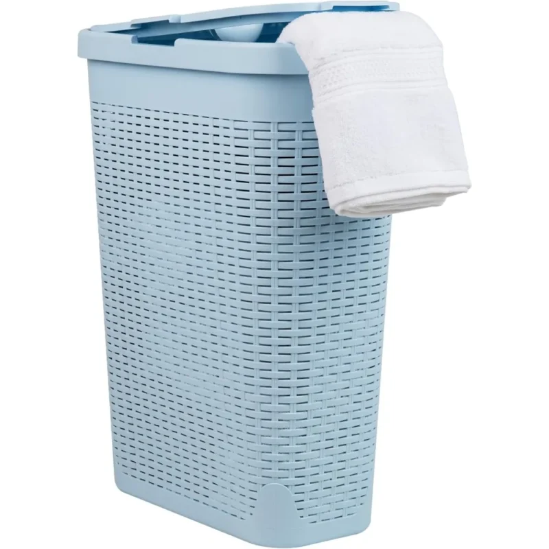 Slim Baby Blue Wicker-Style Laundry Hamper with Lid for Bathroom Storage Organization 40L - Image 2