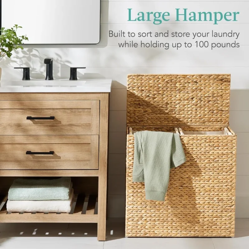 Large Natural Wicker Double Laundry Hamper with Lid and Washable Liner Bags for Bedroom Organization - Image 2