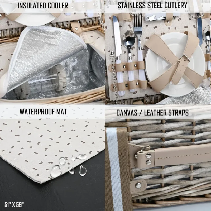 Large Wicker Picnic Basket Set with Insulated Liner and Waterproof Blanket for 4 People Outdoor Dining - Image 5