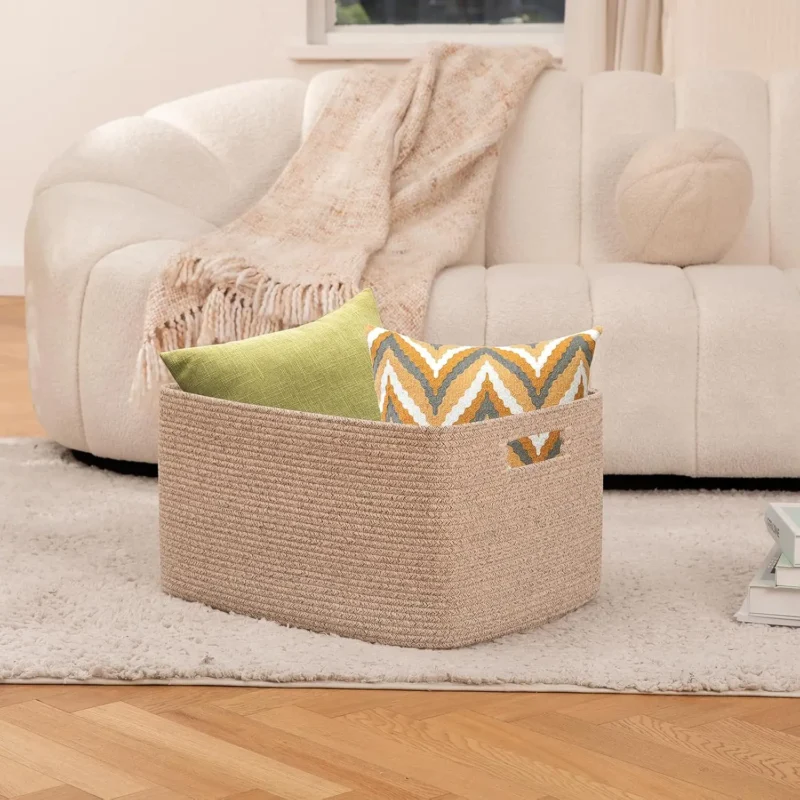 Large Cotton Rope Woven Storage Basket with Handle for Blankets and Home Organization - Image 2