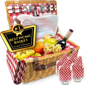 Handcrafted Wicker Picnic Basket with Insulated Interior and Complete Dinnerware Set for Outdoor Dining