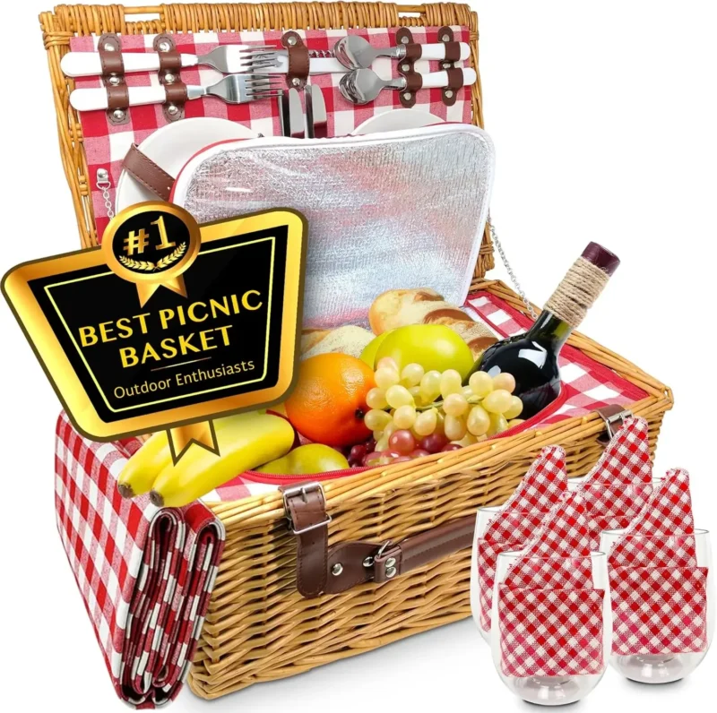Handcrafted Wicker Picnic Basket with Insulated Interior and Complete Dinnerware Set for Outdoor Dining
