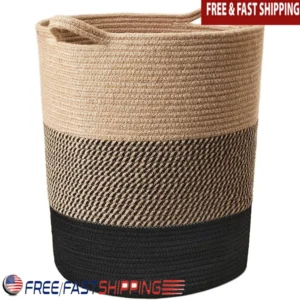 Large Jute Rope Woven Laundry Hamper with Soft Handles for Bedroom Storage and Organization