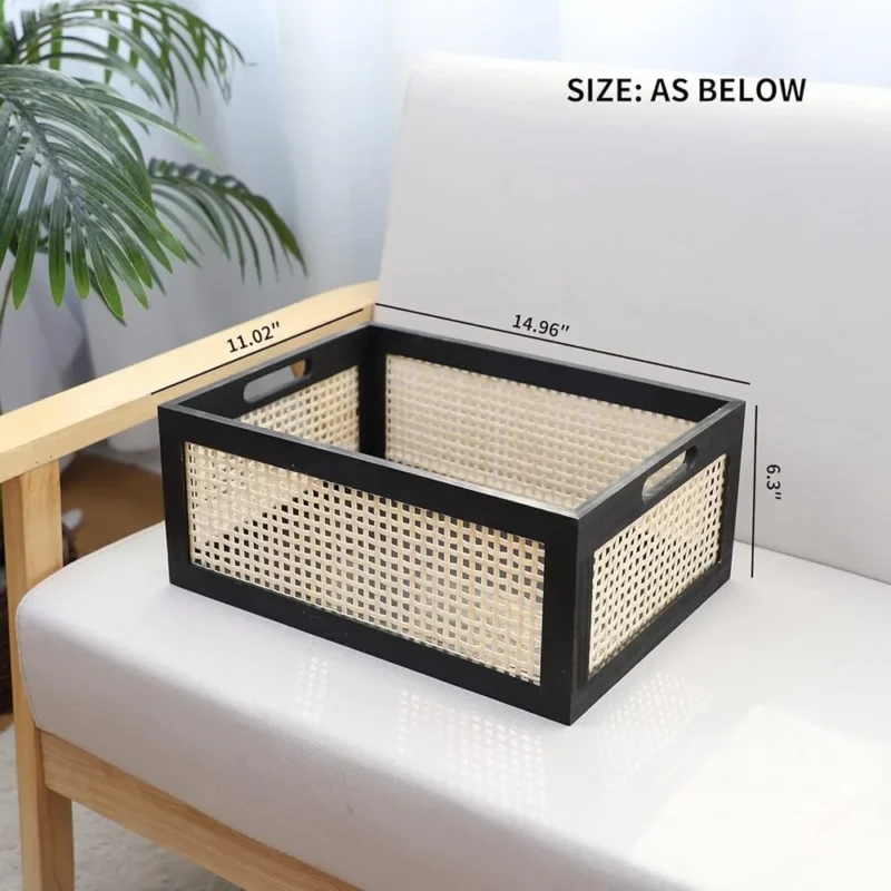Medium Black Rattan Storage Basket with Wooden Frame for Home Organization and Decoration - Image 4