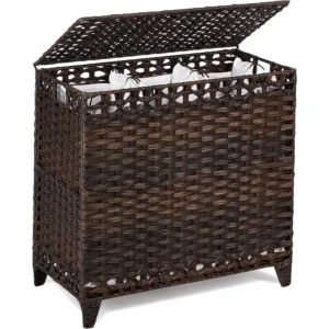 Large Handwoven Rattan Laundry Hamper with Lid and 3 Removable Liner Bags for Bathroom Organization