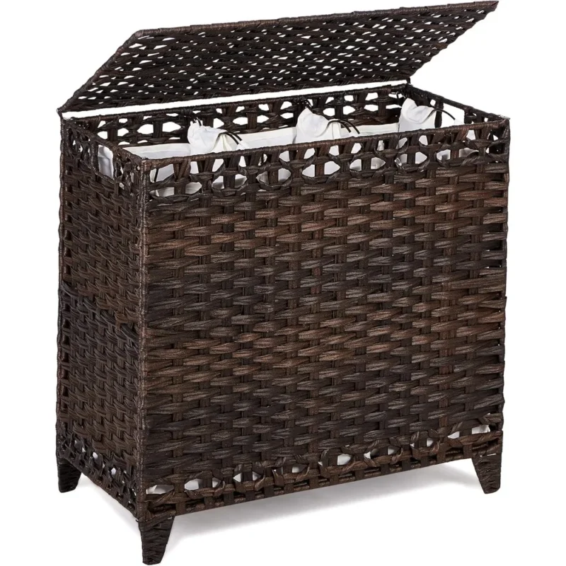 Large Handwoven Rattan Laundry Hamper with Lid and 3 Removable Liner Bags for Bathroom Organization
