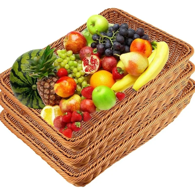 Rectangular Natural Poly-Wicker Bread Baskets Set of 3 with Handles for Food Serving and Kitchen Organization - Image 2