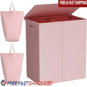 Large Double Section Wicker Laundry Hamper with Lid and Removable Liners for Bathroom Storage