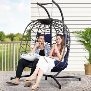 Extra Large Double Hanging Egg Chair with Stand Wicker Patio Swing Basket for Two Adults
