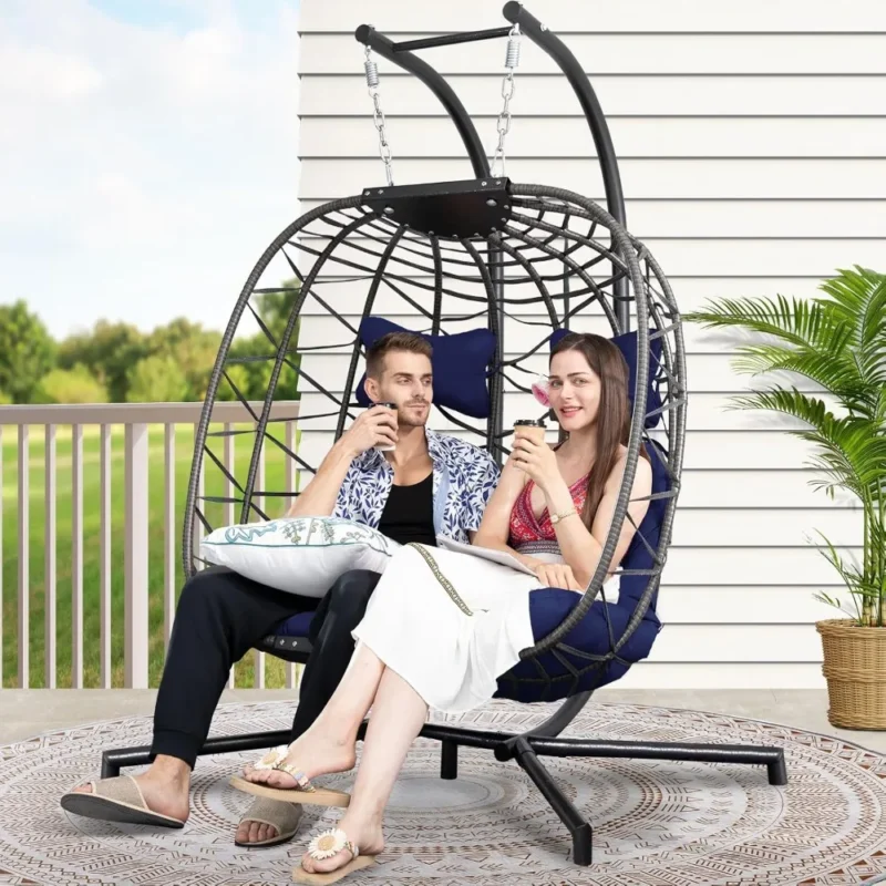 Extra Large Double Hanging Egg Chair with Stand Wicker Patio Swing Basket for Two Adults
