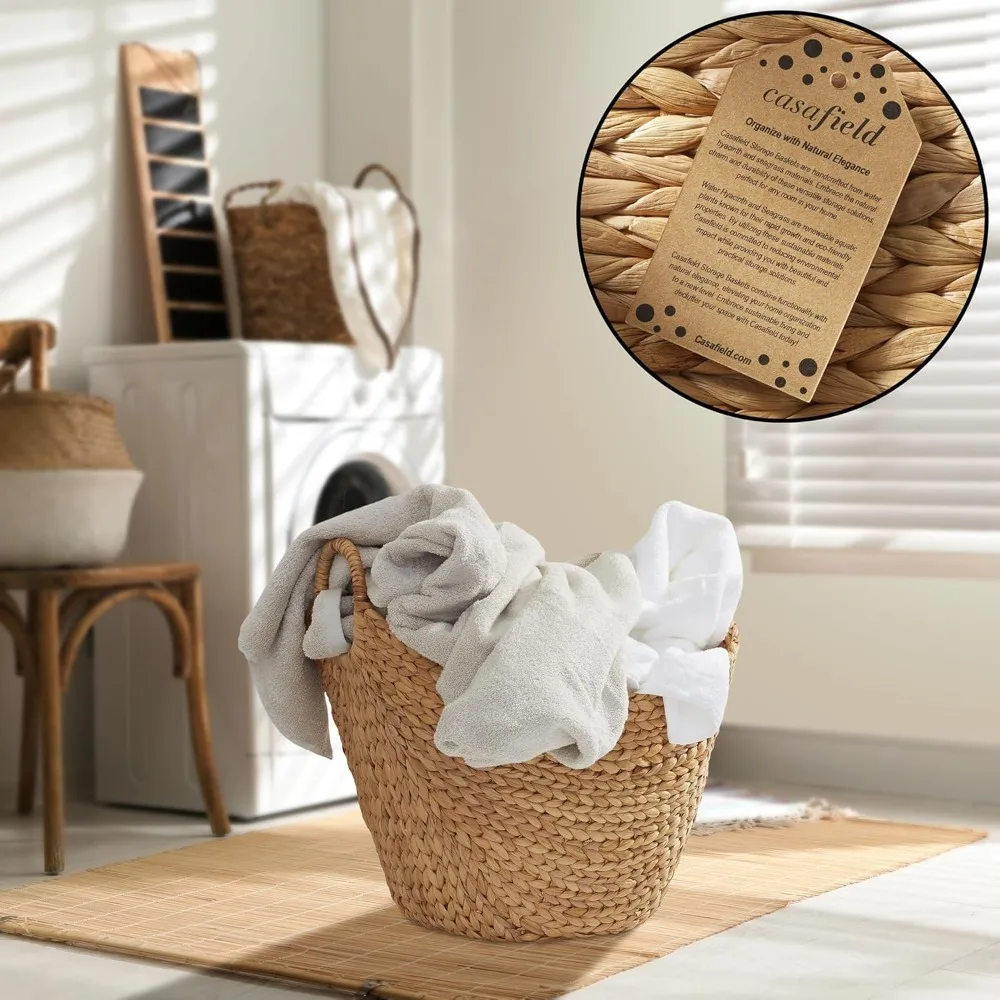 Water hyacinth woven into a large laundry basket with natural handles
