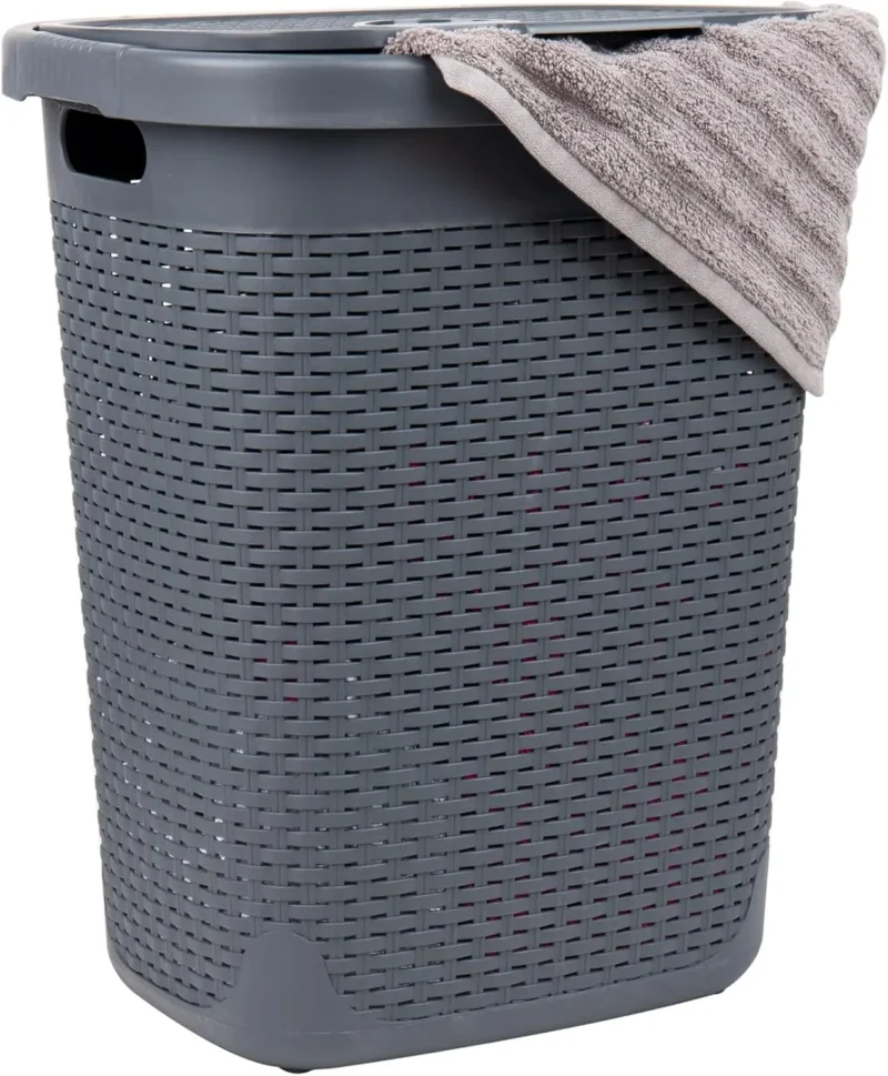 Large Slim Wicker-Design Plastic Laundry Hamper with Lid for Bedroom and Bathroom Storage - Image 9