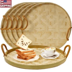 Handcrafted Round Bamboo Wicker Serving Tray Set with Handles for Food Presentation and Home Decor