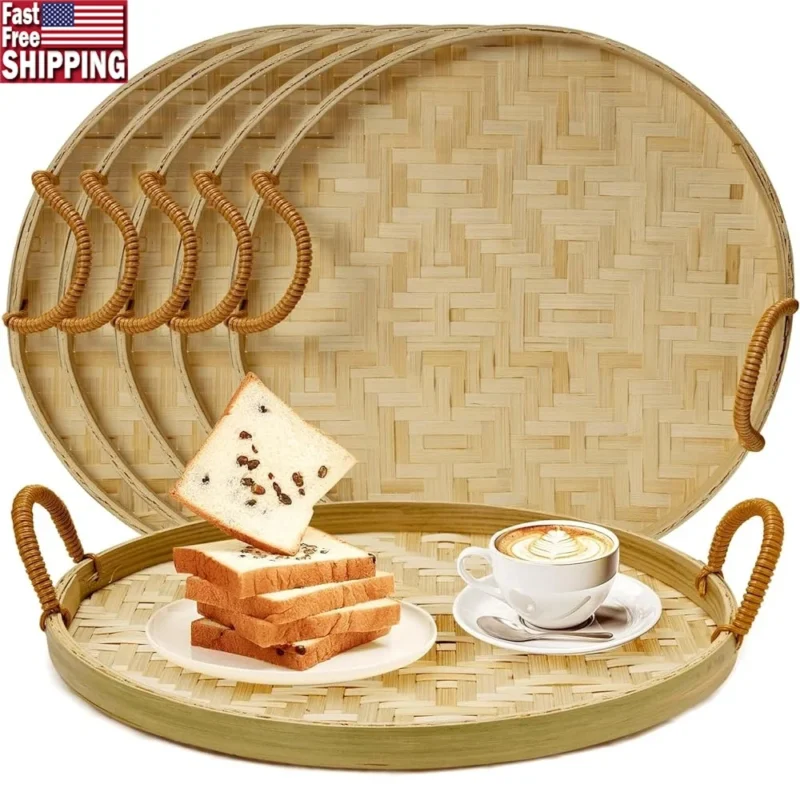 Handcrafted Round Bamboo Wicker Serving Tray Set with Handles for Food Presentation and Home Decor