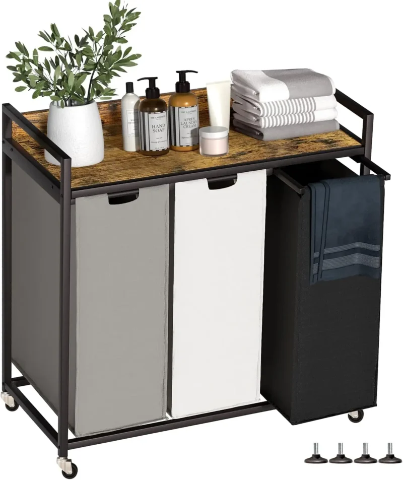 Rustic 3-Section Sorting Laundry Hamper with Storage Shelf and Removable Bags for Bathroom Organization - Image 9