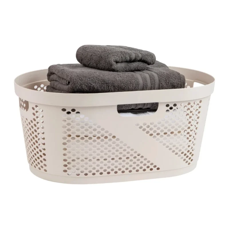 Large Ivory Wicker-Design Plastic Laundry Hamper with Handles for Clothes Storage - Image 2
