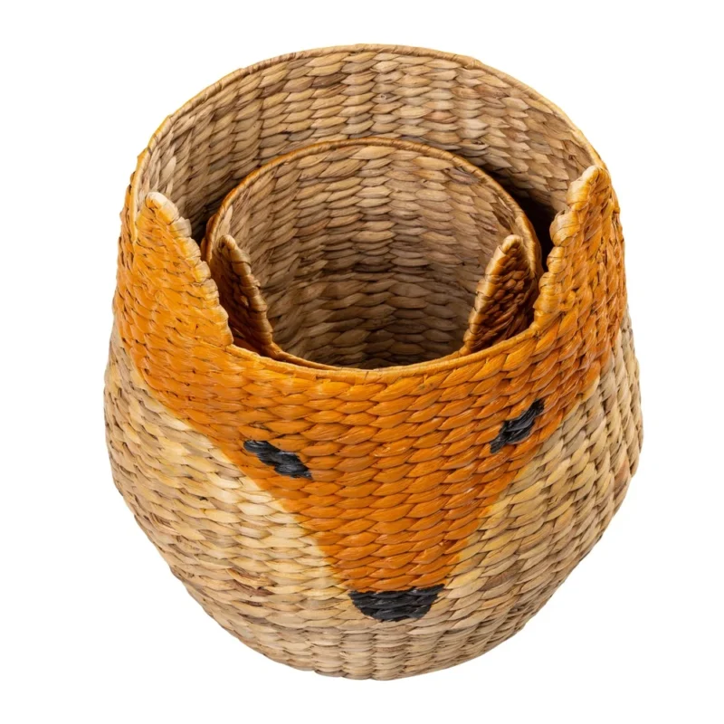 Adorable Fox Shaped Wicker Storage Basket Set with Handles for Kids Room Toy Organization - Image 4