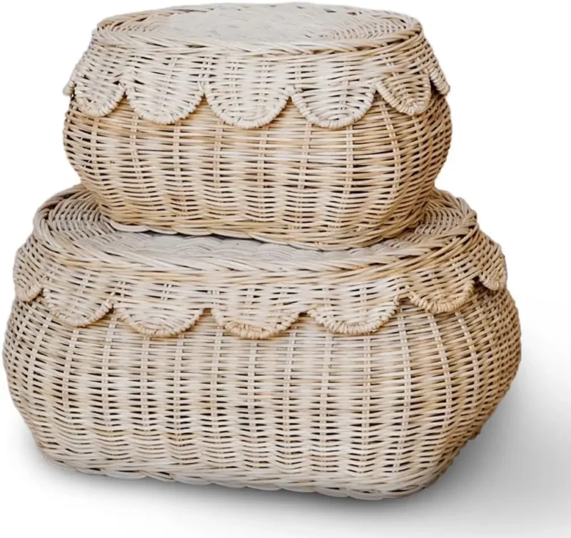 Handcrafted Round Rattan Basket Set with Lids - Small Scalloped Wicker Storage Containers for Home Organization - Image 7