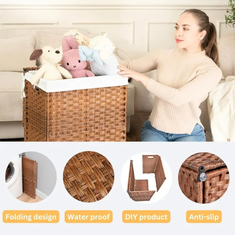 Large Wicker Laundry Hamper with Lid and Removable Liner Bag for Bathroom and Bedroom Storage - Image 3