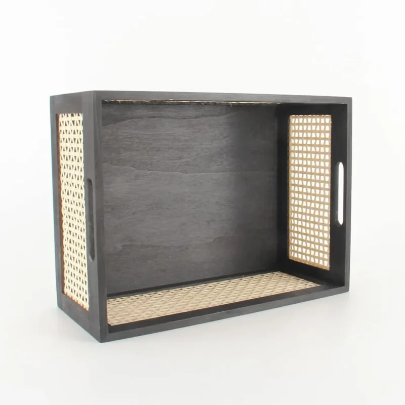 Medium Black Rattan Storage Basket with Wooden Frame for Home Organization and Decoration - Image 3