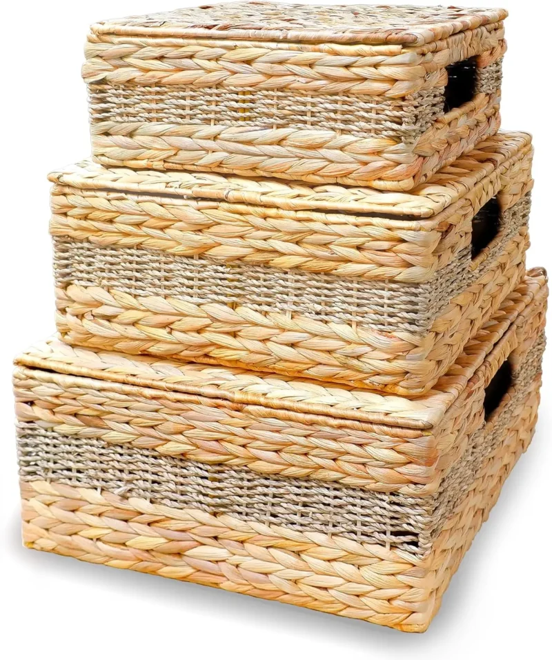 Natural Water Hyacinth Storage Baskets with Lids - Set of 3 Rectangular Organizers for Home Organization - Image 2