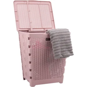 Large 61L Foldable Wicker-Design Plastic Laundry Hamper with Lid for Bathroom and Bedroom Storage