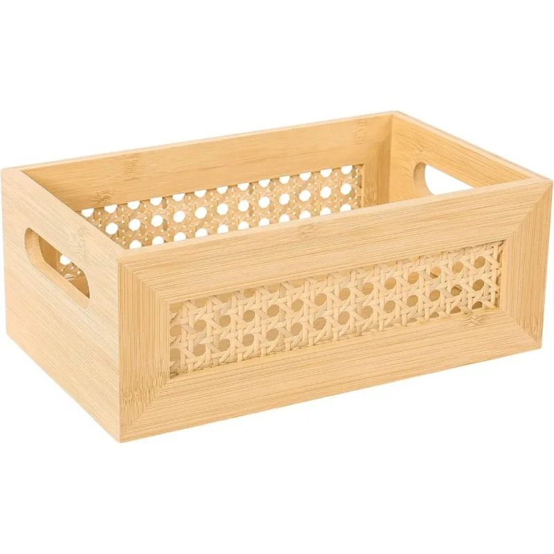 Handcrafted Natural Rattan Storage Basket with Wooden Frame and Handles for Home Organization - Image 2