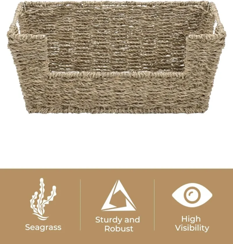 Natural Seagrass Wicker Storage Baskets with Handles for Home Organization and Pantry Storage