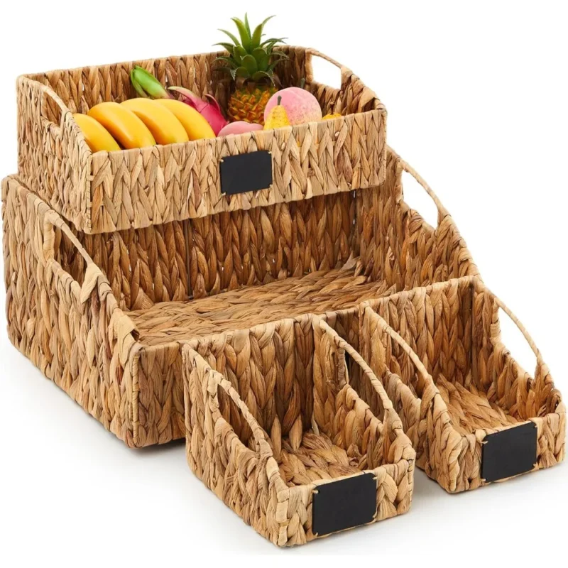 Handcrafted Natural Water Hyacinth Storage Basket Set with 4 Stackable Bins for Home Organization