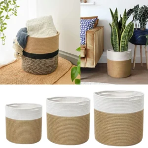 Handcrafted Cotton Rope Storage Basket with Handles for Home Organization and Plant Storage