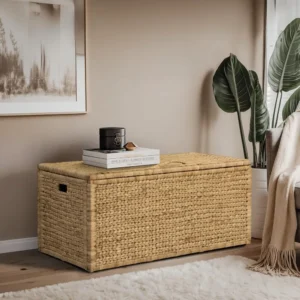 Large Natural Water Hyacinth Storage Trunk with Metal Frame for Home Organization
