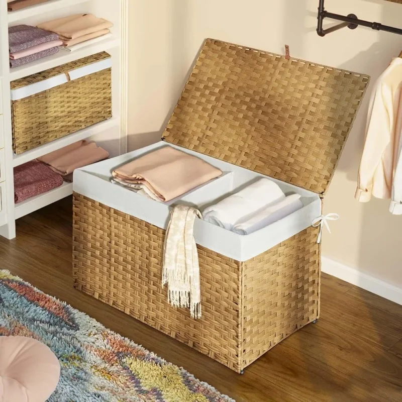 Large Handwoven Wicker Storage Basket with Lid and Cotton Liner for Home Organization - Image 6