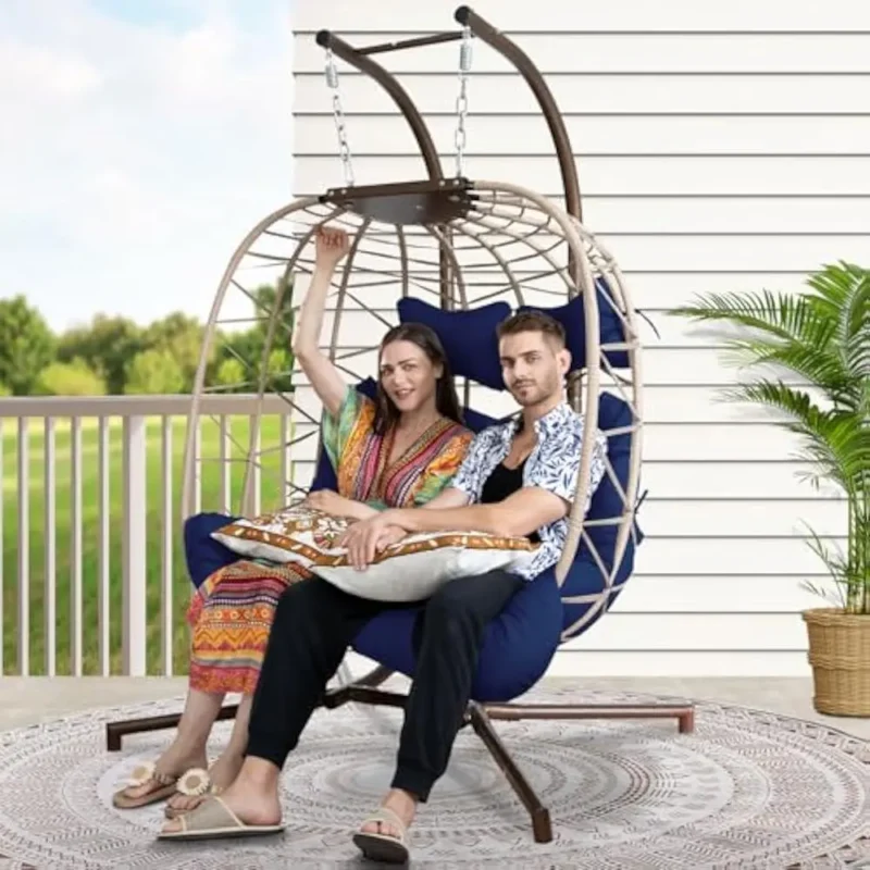 Extra Large Double Hanging Egg Chair with Stand Wicker Patio Swing Basket for Two Adults - Image 12