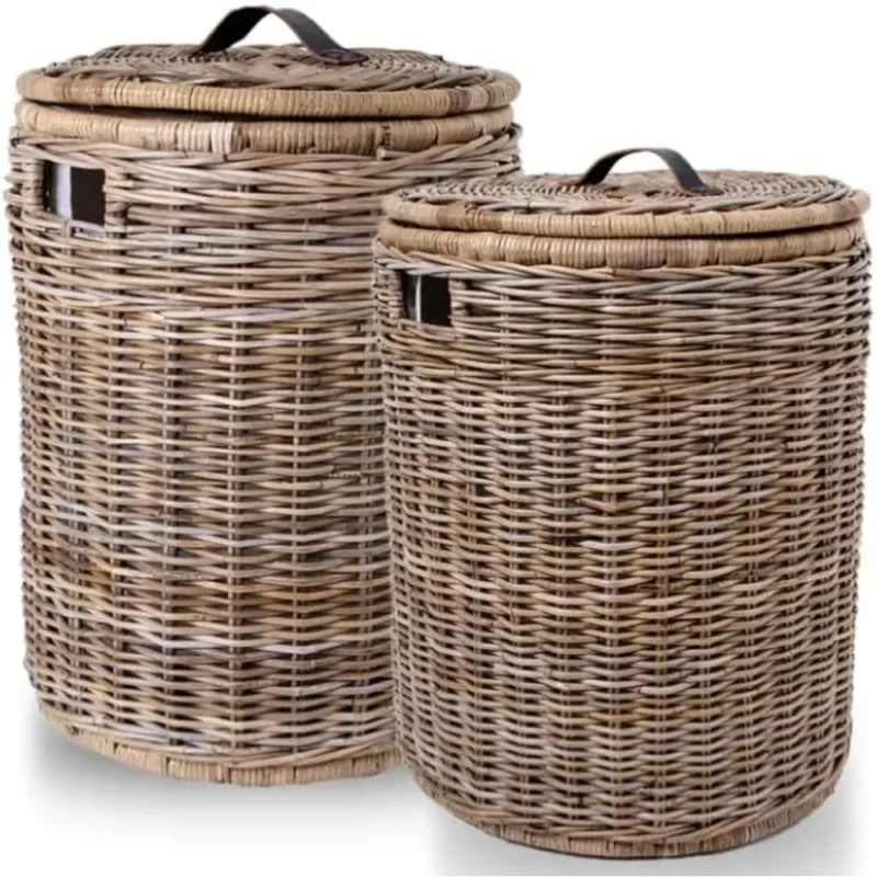 Large Round Wicker Laundry Hamper with Lid for Bedroom and Bathroom Storage