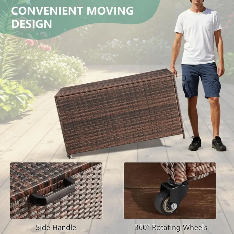Large Brown Rattan Outdoor Storage Deck Box 180 Gallon Capacity with Wheels for Garden Patio Organization - Image 4