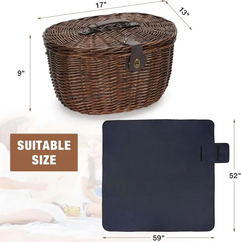 Handcrafted Natural Willow Picnic Basket for 2 Persons with Insulated Cooler Bag and Service Set - Image 6