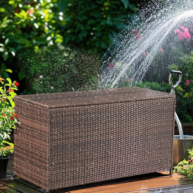 Large Brown Rattan Outdoor Storage Deck Box 180 Gallon Capacity with Wheels for Garden Patio Organization - Image 6