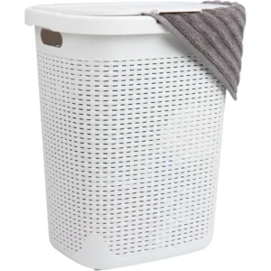 Large Slim Wicker-Design Plastic Laundry Hamper with Lid for Bedroom and Bathroom Storage