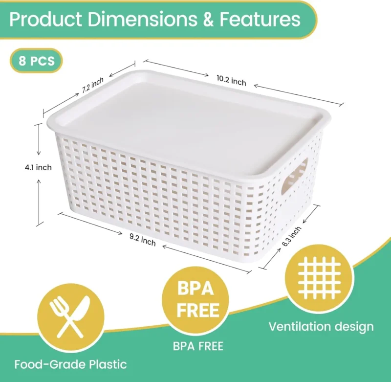 Stackable Plastic Storage Baskets with Lid for Shelf Organization and Home Storage - Image 3