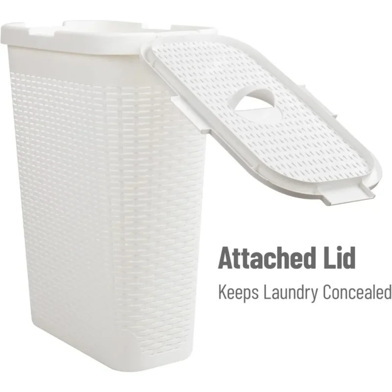 Slim White Plastic Wicker-Design Laundry Hamper with Lid for Bathroom Organization (40L) - Image 5