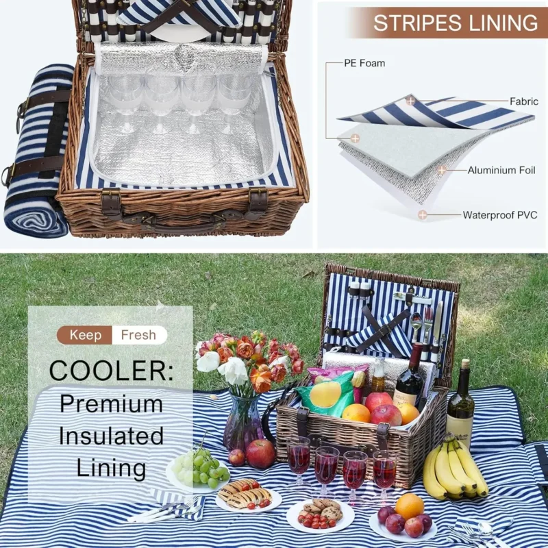 Classic Wicker Picnic Basket with Cooler and Blanket for 4 Persons Family Outdoor Dining - Image 3