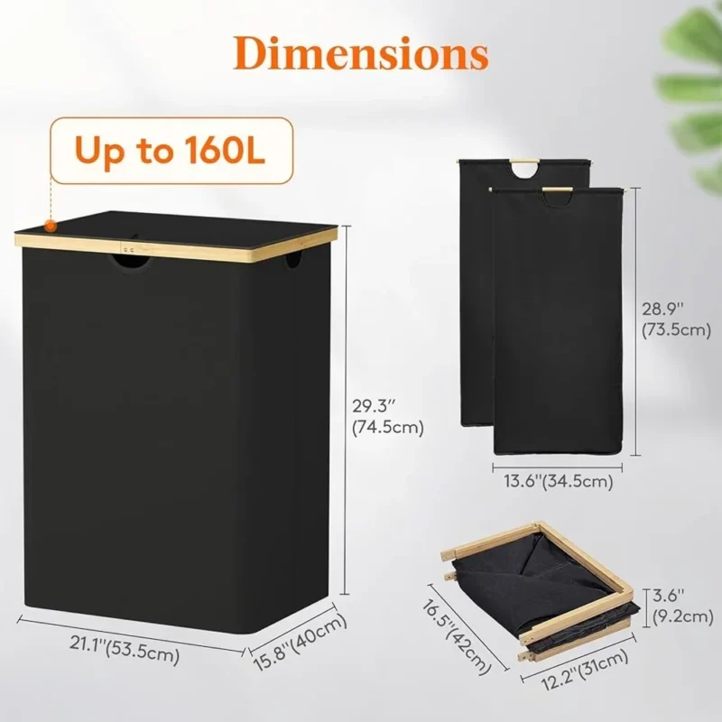 Extra Large Modern Bamboo Laundry Hamper with Lid Double Section Organizer with Handles for Home Storage - Image 3