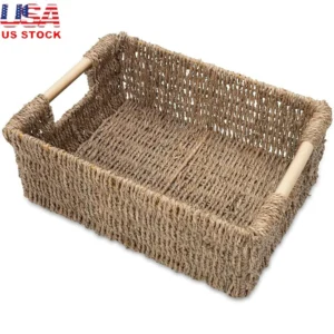 Medium Rectangular Seagrass Wicker Storage Basket with Handles for Home Organization and Decor